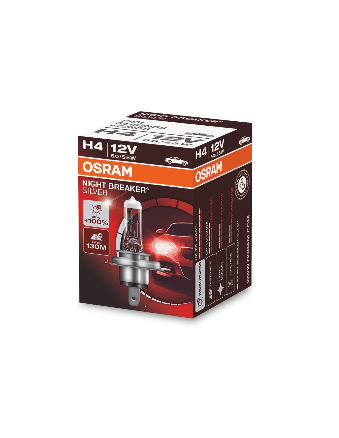 Compre Bombillas Osram H4 12V Night Breaker Plata +100% / Paquete de 2 al  por mayor y al por menor